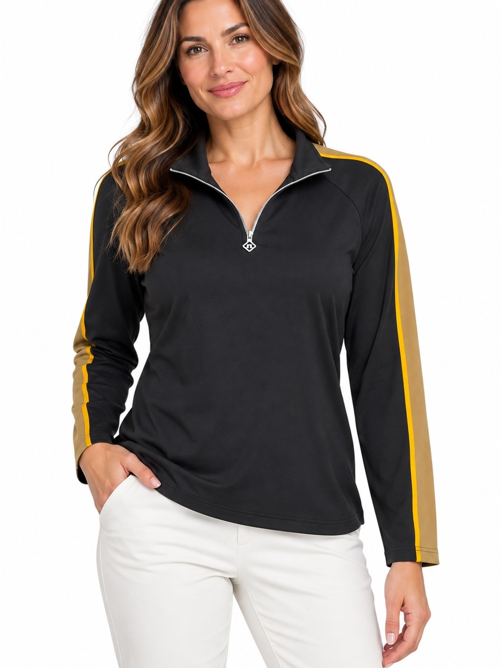 J.Lindeberg Kora Mid Layer Womens Size Medium Black Gold 1/4 Zip Golf Top